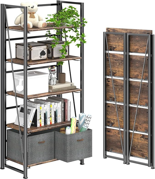 4NM No Assembly Foldable Bookshelf, 5-Shelf Collapsible Bookcase Storage for Small Spaces, 62.2" H, Rustic Brown and Black-CasaMuseHome