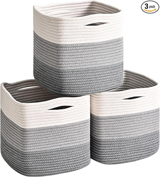 11 Inch Cube Storage Bins, Storage Cube Organizer Bins, Woven Cotton Rope Basket for Storage, Storage Baskets for Organizing Shelves, Grey Baskets for Toys, Gradient Grey (Pack of 3)-CasaMuseHome