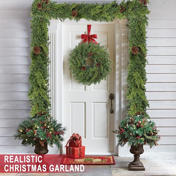 6 Ft Real Touch Christmas Garland Indoor with Pine Cone,Thick and Lush，Soft Bendable Mantle Garland Christmas, Lifelike Cedar Garland, Christmas Garland for Mantle,Indoor Christmas Decorations-CasaMuseHome