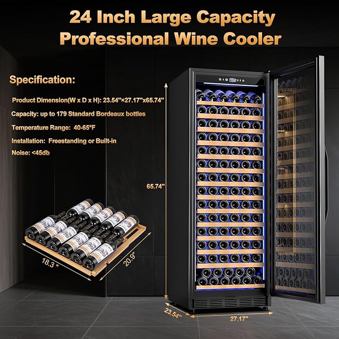 24 Inch Wine Cooler Refrigerator,179 Bottles Wine Fridge Large Capacity Professional Wine Cellars with Powerful Compressor,Quiet Operation and Elegant Design, Black-CasaMuseHome
