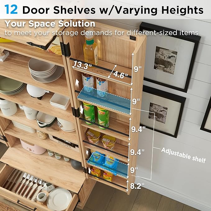 72" Tall Rattan Kitchen Pantry Cabinet with Drawer, Boho Storage Cabinet with 2 Rattan Doors and Shelves, Versatile Large Cabinet for Dining Room, Bathroom, Living Room, Laudry, Natural Oak-CasaMuseHome