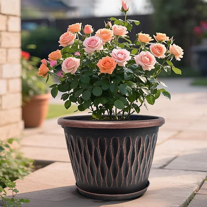 4 Pack 16 Inch Retro Plant Pots, Vintage Striped Flower Pots with Drainage Hole & Saucer, Large Plastic Planters for Indoor and Outdoor Plants, Decorative Garden Pots(Copper)-CasaMuseHome