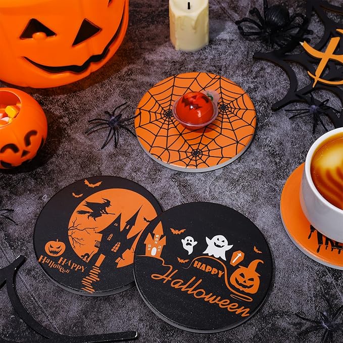 4Pcs Halloween Coasters Orange Black Round Ceramic Coaster Trick or Treat Heat-Resistant Cup Mats for Wooden Table Protection Home Party Supplies-CasaMuseHome