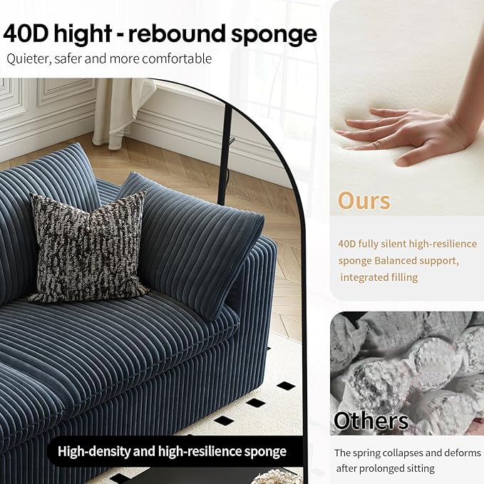 157.5" Cloud Couch Modular Sectional Sofa for Living Room,Modern Sofa with Deep Seat，4 Seater Boneless Couch,Comfy Upholstered Corduroy Couches for Apartment, Studio, Office,Bedroom，Blue-CasaMuseHome