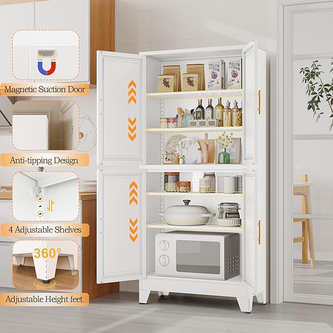 75.2" Tall Metal Pantry Cabinet, Kitchen Pantry Storage Cabinets with 4 Door and 4 Adjustable Shelves, White Storage Cabinet, Freestanding Cupboard for Kitchen Dining Room Living Room Bathroom-CasaMuseHome