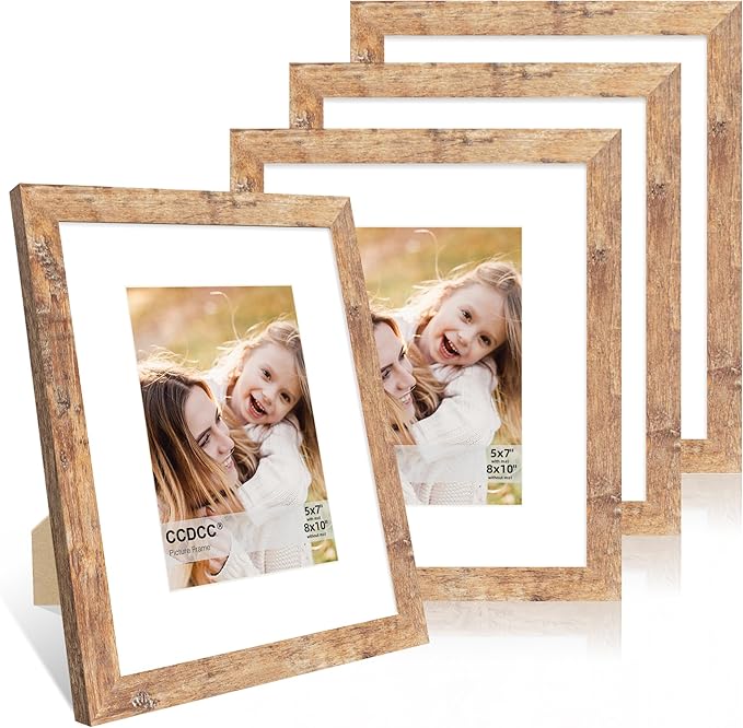 8x10 Picture Frame Set of 4, 8 x 10 Wood Photo Frames with Mat for 5x7, Natural Wooden Frame with Real Glass Cover for Wall and Tabletop Display,Brown-CasaMuseHome