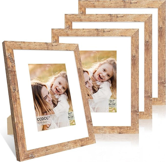 8x10 Picture Frame Set of 4, 8 x 10 Wood Photo Frames with Mat for 5x7, Natural Wooden Frame with Real Glass Cover for Wall and Tabletop Display,Brown-CasaMuseHome
