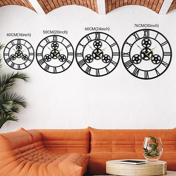 24inches/60cm Wall Clocks for Living Room Deco Non Ticking Silent Battery Operated Metal Modern Vintage Roman Numeral Oversized Gear Wall Clocks for Bedroom Kitchen Fireplace Office Farmhouse-CasaMuseHome