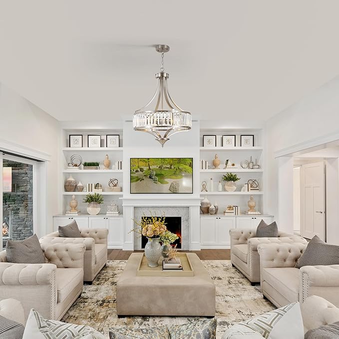 20" Brushed Nickel Chandeliers for Dining Room, 5-Light Modern Crystal Chandelier for Entryway, Hanging Round Light Fixture for Kitchen Island Living Room Bedroom Office Bathroom Staircase-CasaMuseHome