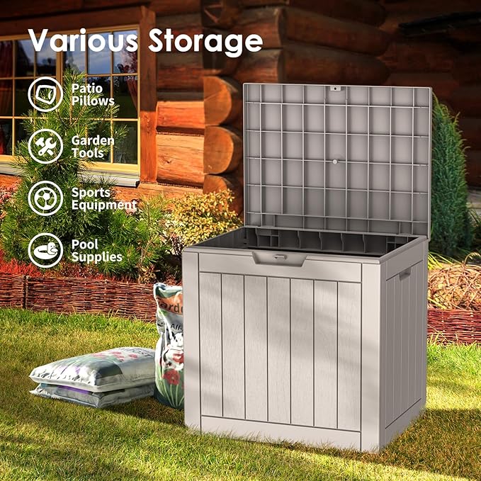 35 Gallon Lockable Resin Deck Box, Waterproof & UV-Resistant Outdoor Storage Box for Outdoor Cushion Storage, Garden Tools & Pool Accessories Storage, Gray-CasaMuseHome