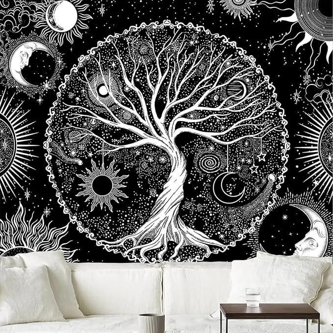 AACKart Tree of Life Tapestry for Bedroom Aesthetic Room Decor-Black and White Spiritual Tree Tapestry Wall Hanging with Sun Moon Star 78.7×59.1 inches-CasaMuseHome