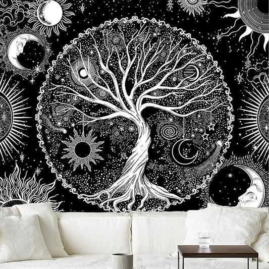AACKart Tree of Life Tapestry for Bedroom Aesthetic Room Decor-Black and White Spiritual Tree Tapestry Wall Hanging with Sun Moon Star 78.7×59.1 inches-CasaMuseHome