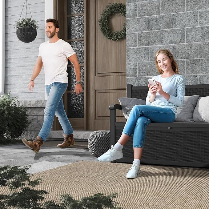 70 Gallon Lockable Outdoor Storage Bench Waterproof, Deck Box Bench for Patio, Porch, Garden, Poolside, Stores Tools & Pool Supplies, Heavy-Duty Outdoor Bench with Storage, Black-CasaMuseHome