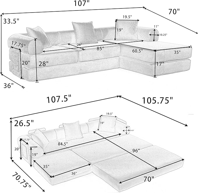 107" Oversized Convertible Sleeper Sofa Bed, Corduroy L Shape Sectional Couch, Folding Sofa Bed with Side Pocket, Modern Cloud Floor Mattress Couch,Modular Sofa for Living Room,Dark Blue-CasaMuseHome