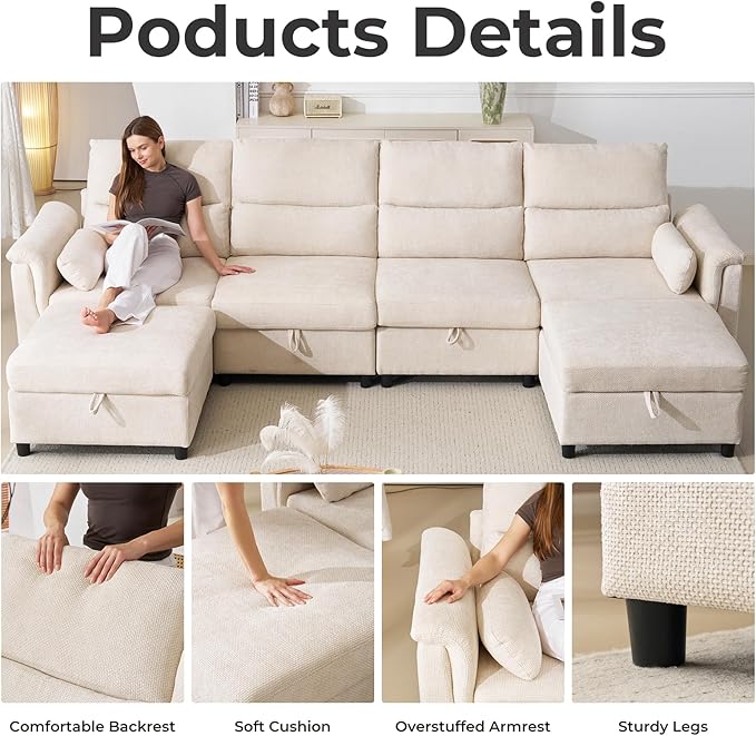 132'' Oversized Modular Sectional Sofa, U Shaped Comfy Sectional Couch with Large Storage, 6 Seat Chenille Deep Seat Cloud Sofa with 2 Throw Pillows for Living Room,Beige-CasaMuseHome