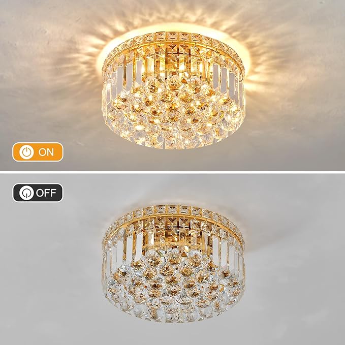 4-Light Gold Crystal Chandeliers Flush Mount Chandelier Light Fixture with K9 Crystals Modern Ceiling Lights Elegant Round Lamp for Bedroom,Hallway,Bar,Living Room,Dining Room,H5.9 xW13.7-CasaMuseHome