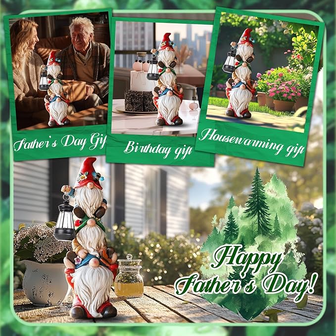 17 in Large Garden Gnome Statue with Solar Lights Sculptures Funny Triple Big Gnome Outdoor Patio Lawn Yard Balcony Garden Home Decor Gifts for Women Mom-CasaMuseHome