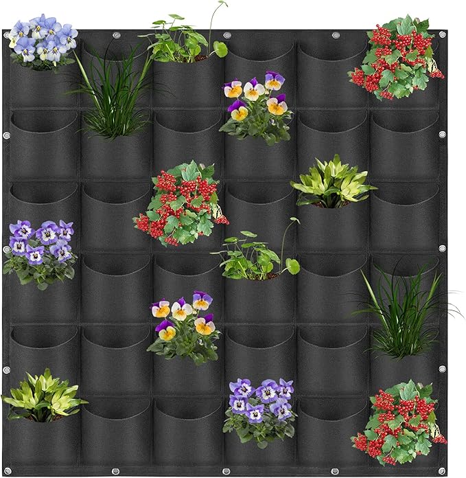 36 Pockets Hanging Planter Bags, Hanging Vertical Wall Mounted Plant Planting Grow Bags, Herb Garden Planter Outdoor Indoor Growing Bag, Gardening Vertical Greening Flower Container(1m×1m, Black)-CasaMuseHome