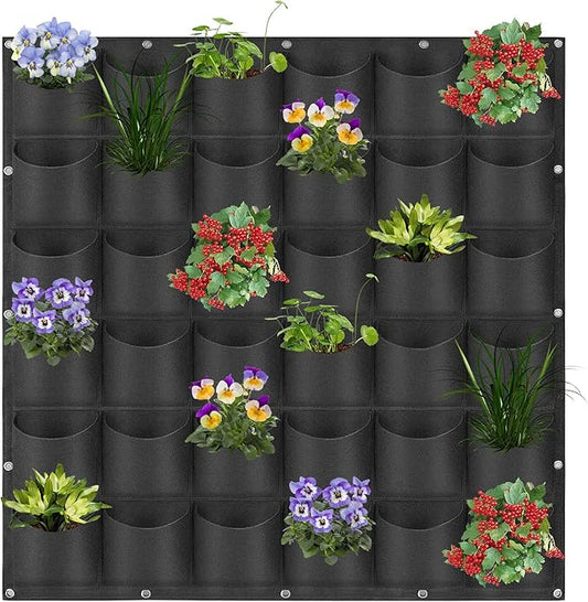 36 Pockets Hanging Planter Bags, Hanging Vertical Wall Mounted Plant Planting Grow Bags, Herb Garden Planter Outdoor Indoor Growing Bag, Gardening Vertical Greening Flower Container(1m×1m, Black)-CasaMuseHome