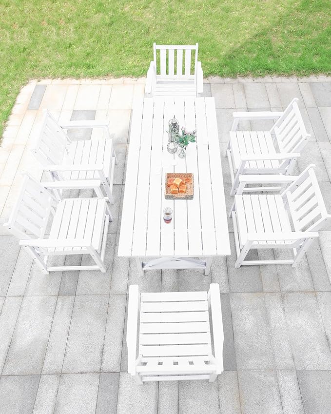 7 Pieces HDPE Outdoor Dining Set, Patio Dining Set with Umbrella Hole, All Weather Outdoor Dining Table Sets for 6, HDPE Patio Furniture Sets for Deck, Backyard, Lawn, and Poolside, Pearl-CasaMuseHome