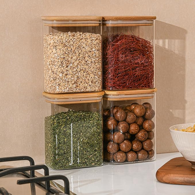 37oz Rectangle Airtight Glass Storage Containers with Bamboo Lids (Set of 6), Square Food Storage Jar, Pantry Organizers for Cereal, Nuts, Snacks and Coffee beans (‎with Black Lable)-CasaMuseHome