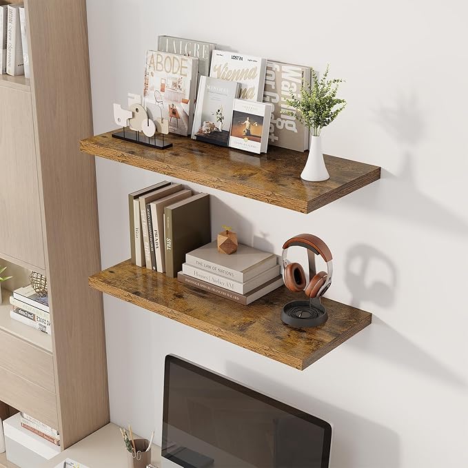 32" Floating Shelves for Wall, 12" Deep Slim Rustic Brown Floating Shelves, Wall-Mounted Shelves for Bedroom, Living Room, Kitchen, Bathroom - Set of 2-CasaMuseHome