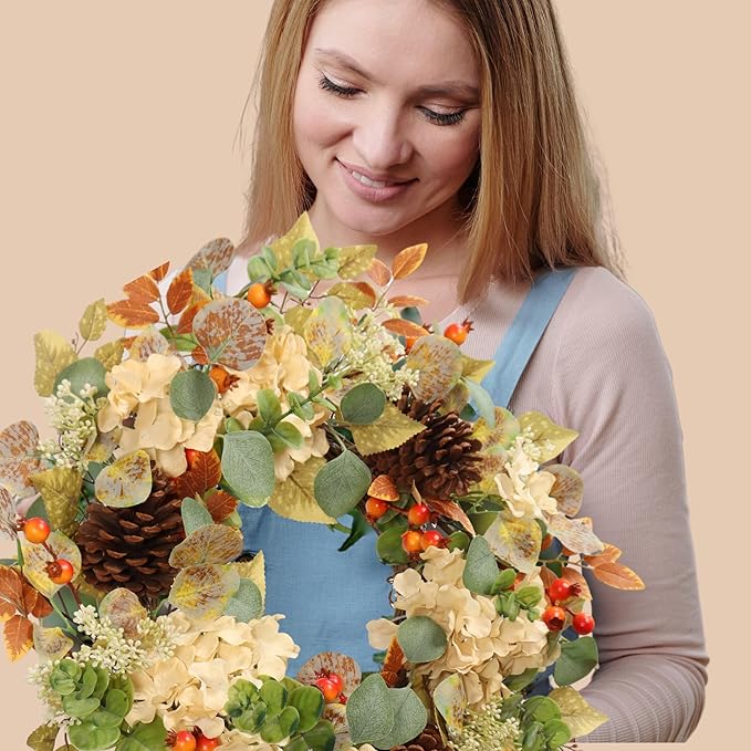 22 in Fall Hydrangea Wreath with Eucalyptus, Pinecones Orange Berries Perfect Autumn Door Wreath for Thanksgiving Harvest Decor - Rustic, Lifelike Durable for Indoor Outdoor Use-CasaMuseHome