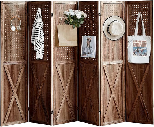 6 Panel Pegboard Room Divider, 5.6Ft Pegboard Display Folding Privacy Screens, Wood Room Divider Peg Board Display Freestanding for Trade Show Craft Show Home Wall Organizer, Brown-CasaMuseHome