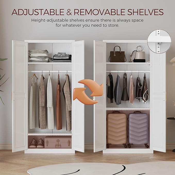 71" Metal Armoire Wardrobe Closet with 2 Doors, Tall Wardrobe Cabinet with Hanging Rod and Adjustable Shelves, White Clothing Storage Cabinets for Bedroom, Laundry Room, Home Office-CasaMuseHome