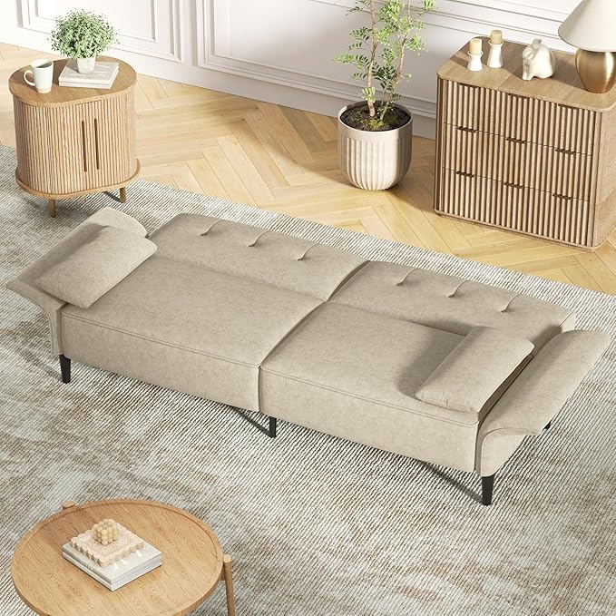89” Futon Sofa Bed, Velvet Fabric Comfy Futon Couch Bed with 2 Square Pillows, Convertible Sleeper Sofa with Adjustable Backrest& Armrests, Modern Loveseat Sleeper for Living Room, Beige-CasaMuseHome