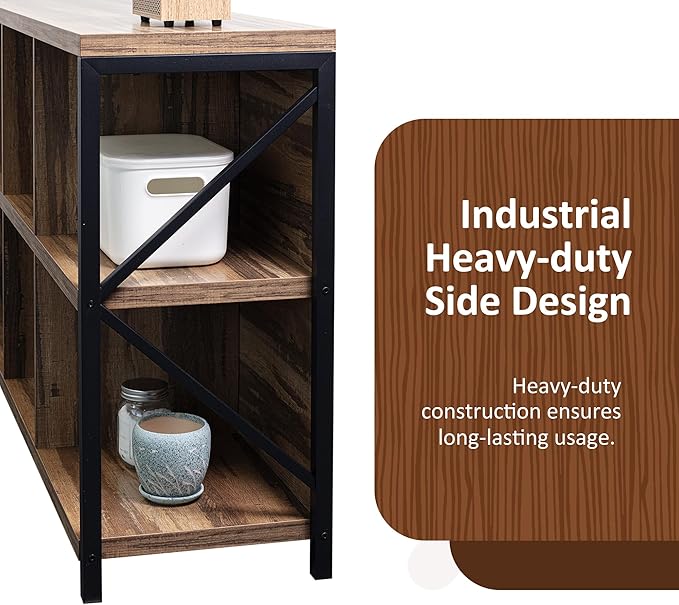 8 Cube Storage Organizer Bookshelf, Industrial Horizontal Bookcase, Accent Cubby Shelf, Media Console Table for Living Room, Home Office, 63 Inches, Light Oak-CasaMuseHome