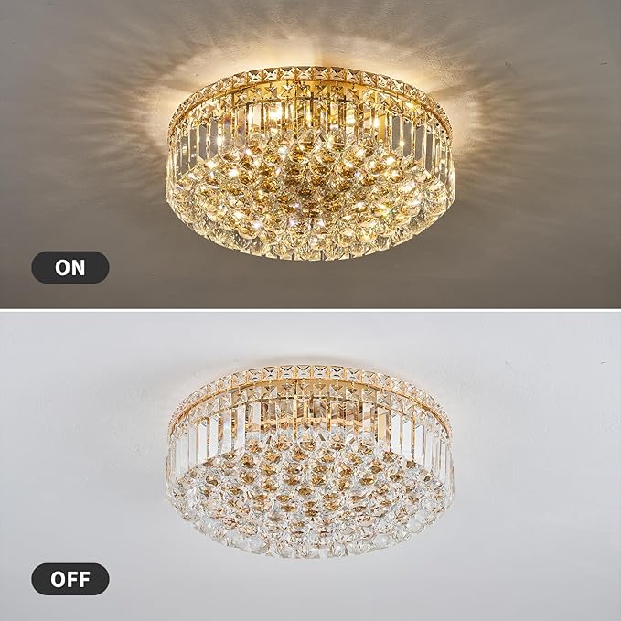 6-Lights Gold Crystal Flush Mount Chandelier Light Fixture K9 Crystals Modern Ceiling Lights Elegant Pendant Lamp for Bedroom,Hallway,Bar,Living Room,Dining Room,H5.9 xW20 (Bulbs Not Included)-CasaMuseHome