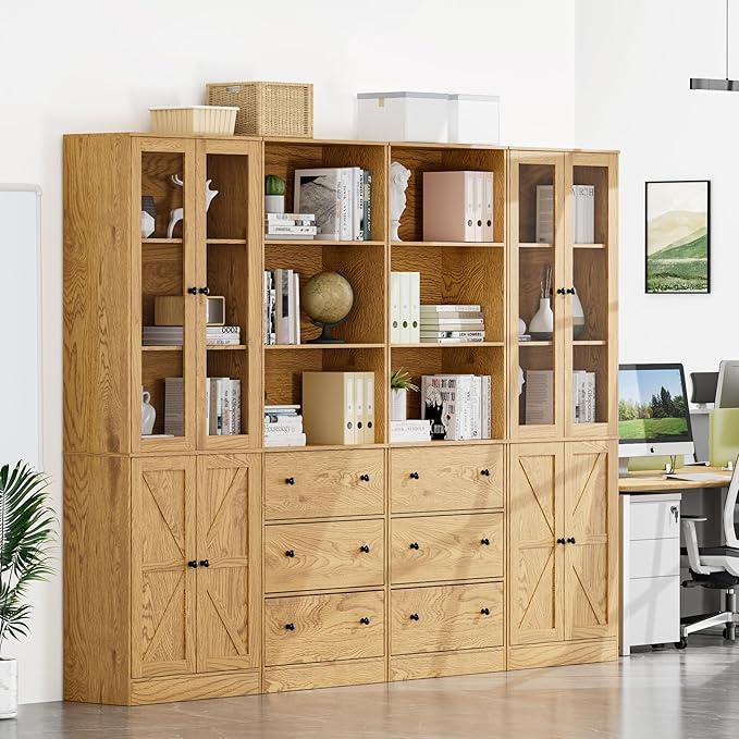 71" Tall Bookshelves Set of 4, 2 Bookcases with Drawers & 2 Bookshelves with Doors, Wooden Bookshelves Floor Standing Display Storage Shelves Home Decor Furniture for Home Office, Living Room-CasaMuseHome