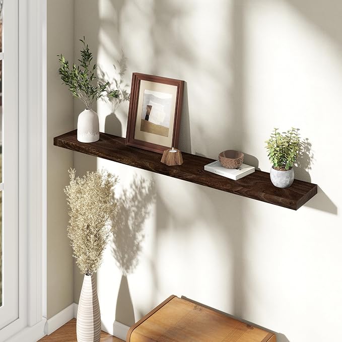 55" Floating Shelves for Wall, Rustic Elm Wood Floating Shelf for Home Decor, Wall-Mounted Display Shelves with Heavy-Duty Bracket, Long Floating Shelf for Bathroom, Kitchen, Living Room, Walnut Color-CasaMuseHome