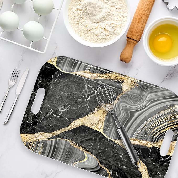 Serving Trays with Handles, 14.5 x 9.8 inch Rectangular Plastic Tray for Restaurant, Kitchen, Abstract Background Black Marble-CasaMuseHome