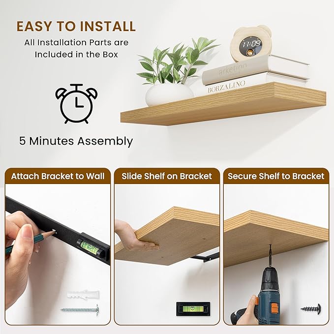 36 Inch Floating Shelves, 9.3 Inch Deep Rustic Wall Shelves - Extra Deeper Wall Mounted Storage Shelves for Bathroom, Kitchen, Living Room (Oak, Set of 2)-CasaMuseHome