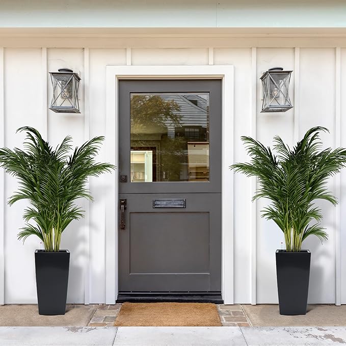 16" Tall Planters Set of 2, Outdoor＆Indoor Black Planter Pots, High Front Porch Planter Pots with Drainage Holes＆Water Level Monitor＆Inner Bucket, Automatic Watering,Black-CasaMuseHome