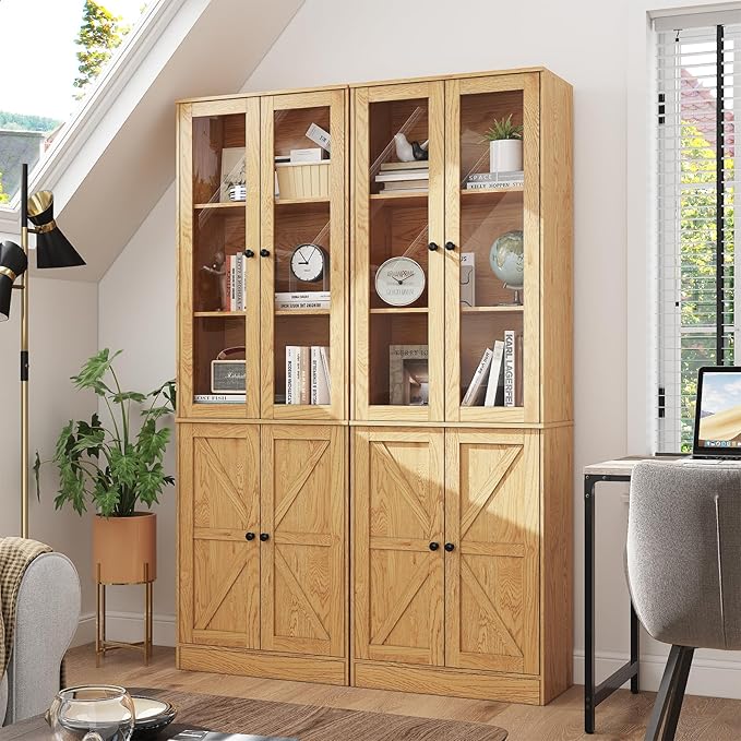 71" Tall Bookcases Set of 2, Bookshelves with Doors, 5-Shelf Bookcase with Storage, Wooden Bookshelf Floor Standing Display Storage Shelves Home Decor Furniture for Living Room,Bedroom,Natural-CasaMuseHome