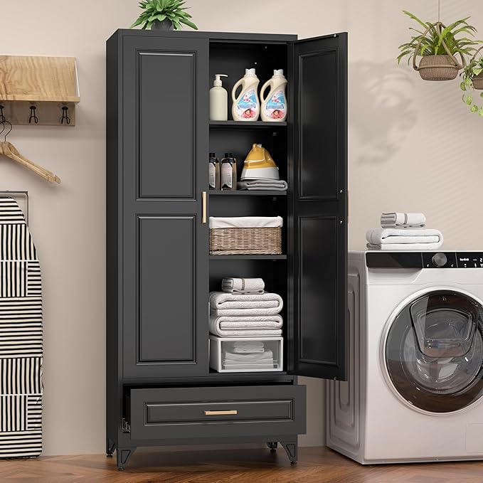 75" Kitchen Pantry Cabinet with Drawer, Metal Storage Cabinets with Doors and Adjustable Shelves, Black Tall Pantry Cabinet for Dinning Living Room, Home Office-CasaMuseHome