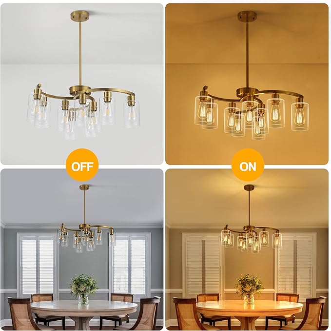 9-Light Gold Glass Chandelier, Adjustable Height Dining Room Light Fixtures Over Table, Contemporary Hanging Chandelier for Kitchen Island Living Room Foyer Office, Clear Glass Shade-CasaMuseHome