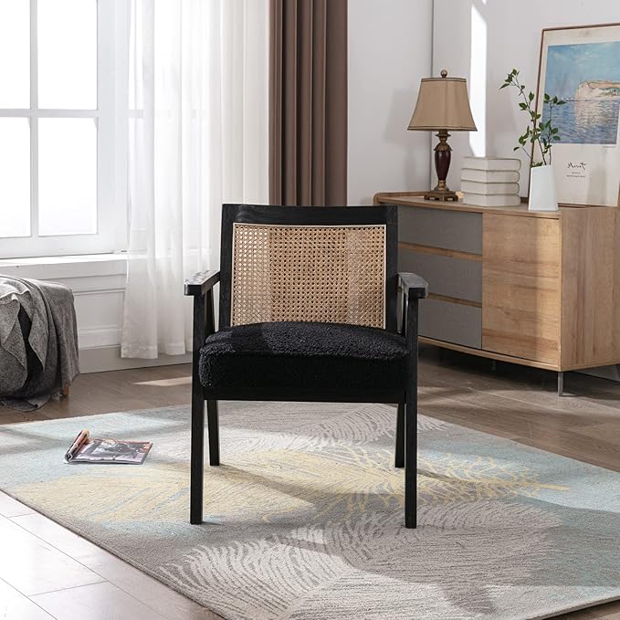 Accent Rattan Chairs Set of 2, Faux Fur Upholstered Living Room Chairs with Cane Back, Retro Mid Century Modern Cane Chair Armchair for Reception Reading Indoor Outdoor, Black-CasaMuseHome