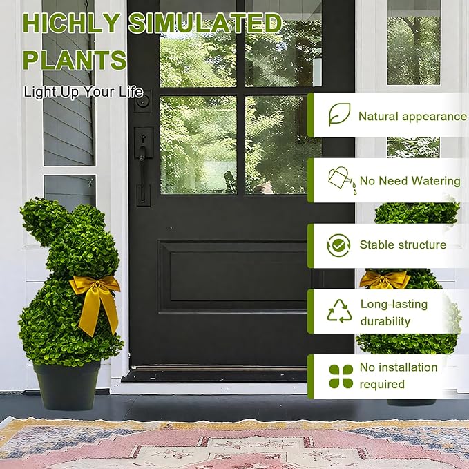 2 Pcs Artificial Bunny Shaped Topiary Trees, Artificial Green Boxwood Bunny Decorations with Gold Bow, Perfect for Indoor & Outdoor Front Porch, Easter& Garden Decor (Bunny Tree with Base)-CasaMuseHome