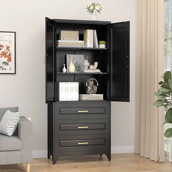 75" Kitchen Pantry Cabinet with 3 Drawers,Metal Storage Cabinets with Doors and 4 Adjustable Shelves,Black Kitchen Cabinet with 2 Gold Handles,Food Cupboard for Livingroom, Bathroom,Pantry-CasaMuseHome