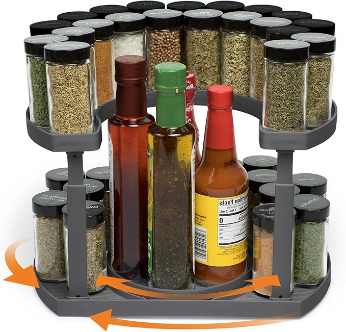 2-Tier Spice Rack Organizer for Cabinet | Rotating Lazy Susan Spice Organizer Holds 40 Spice Jars | Countertop & Pantry Spice Shelf for Kitchen Organization & Storage (Gray)-CasaMuseHome