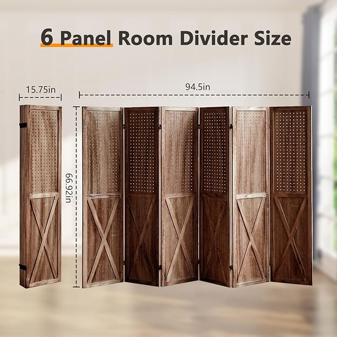6 Panel Pegboard Room Divider, 5.6Ft Pegboard Display Folding Privacy Screens, Wood Room Divider Peg Board Display Freestanding for Trade Show Craft Show Home Wall Organizer, Brown-CasaMuseHome