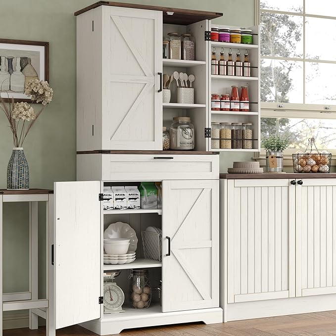 72'' Kitchen Storage Pantry Cabinet, Tall Storage Cabinet with 8 Door Shelves, 2 Cabinets and 1 Drawer, Freestanding Cupboard for Kitchen, Dining Room, Bathroom, Laundry, Off White-CasaMuseHome