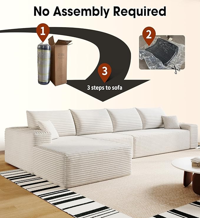 136" Sectional Couches for Living Room Modern Modular Sofa with L-Shape Couchs Upholstered Boneless Couch Deep Seat Sectional Couch with Chaise (White, Left Facing Chaise+3Seaters)-CasaMuseHome