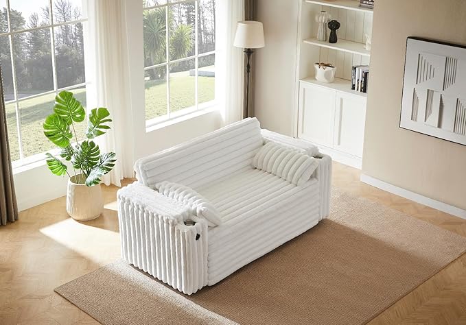 68.11" Corduroy Sleeper Chair Bed with USB Port, Cup Holders & Side Storage Pockets – 3-in-1 Foldable Sofa Bed for Guest Room, Living Room -White-CasaMuseHome