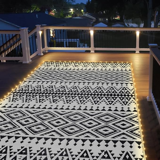 6x9ft Waterproof Outdoor Rug with LED Lights, Bohemia Reversible Plastic Straw Mat for Patio RV Camping Picnic Balcony Beach Deck Indoor Outdoor Carpet, Black&White-CasaMuseHome