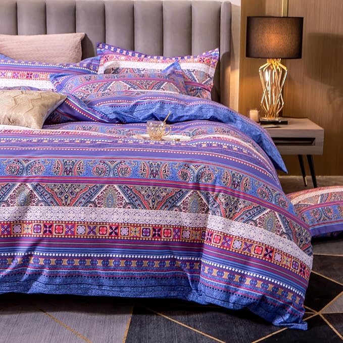 ABREEZE Bohemian Vintage Full Size Floral Cotton Bedding Set 3Pcs Duvet Cover Set Boho Purple Paisley 100% Egyptian Brushed Cotton Reversible Home Bedding Collection-CasaMuseHome